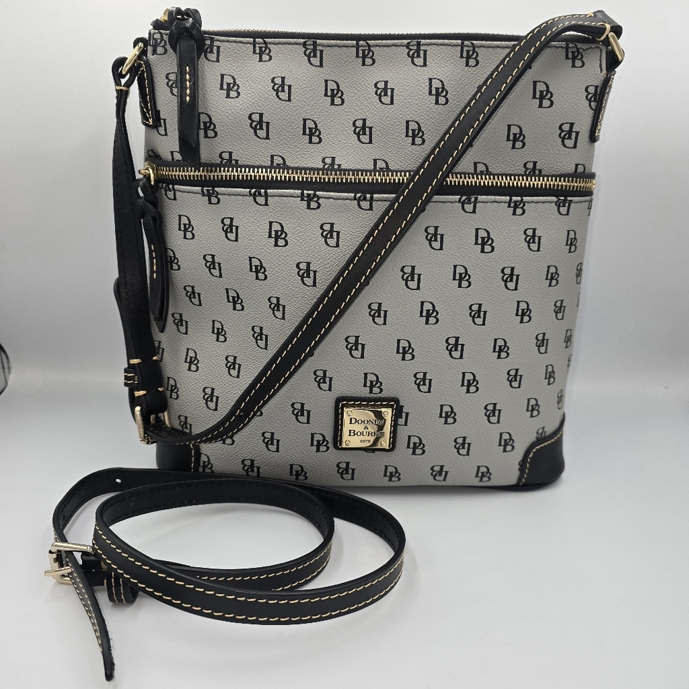 DOONEY & BOURKE Monogram Grey Coated Canvas Black Leather Trim Crossbody Handbag